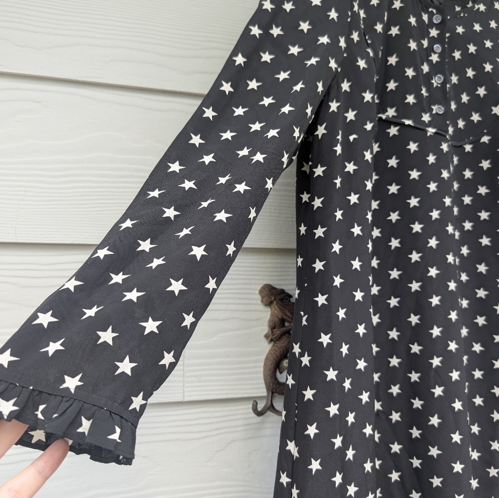 J Crew Dress Midi Silk Lined Size 4 Black Star Print Buttons At Front Long Sleev - Picture 8 of 8
